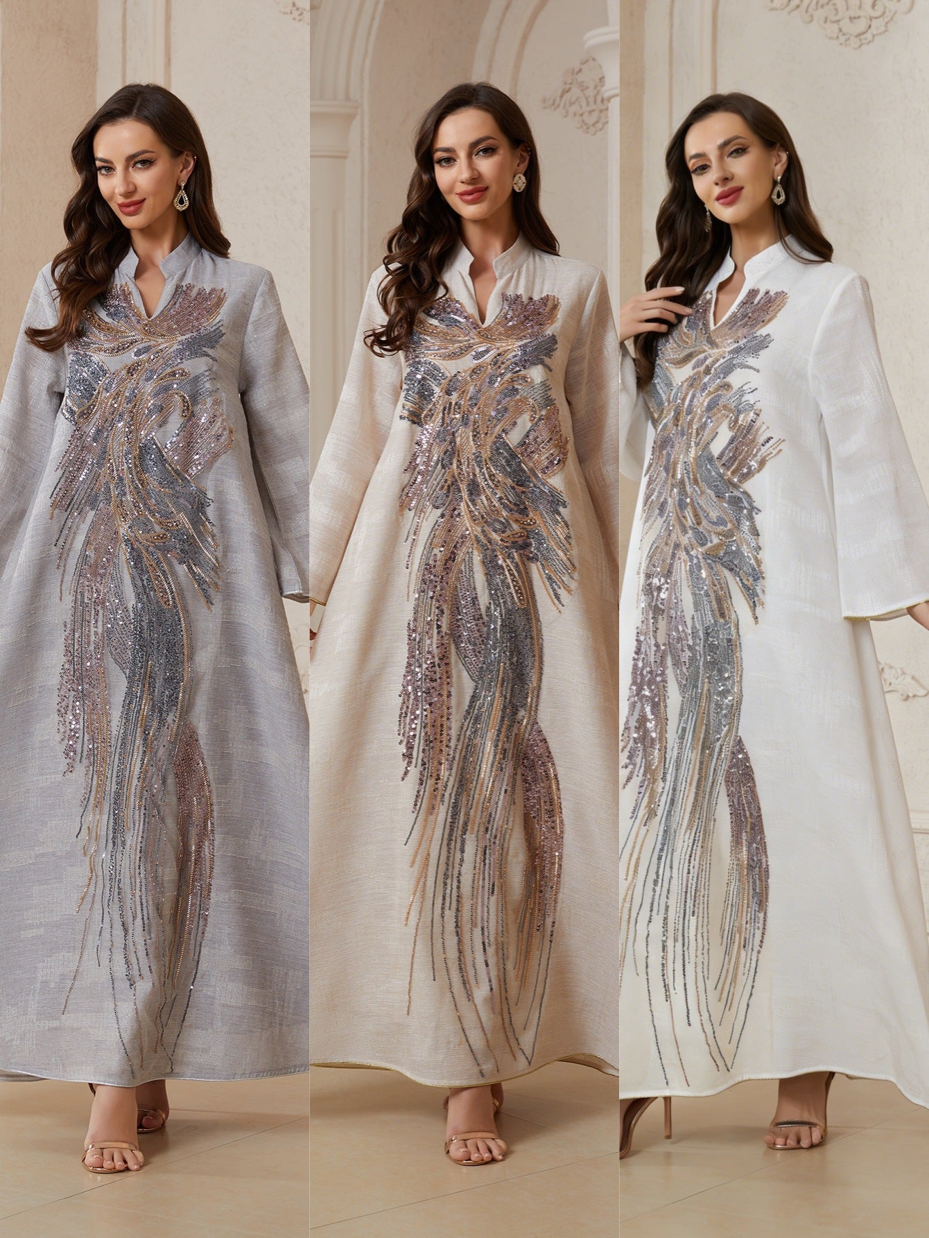 Long tulle embroidered sequinned abaya dress, featuring a unique design and exuding sophistication and elegance, perfect for parties and formal dinners