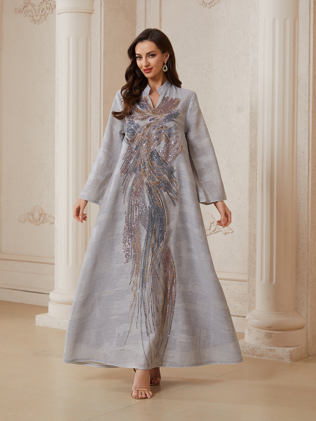 Long tulle embroidered sequinned abaya dress, featuring a unique design and exuding sophistication and elegance, perfect for parties and formal dinners