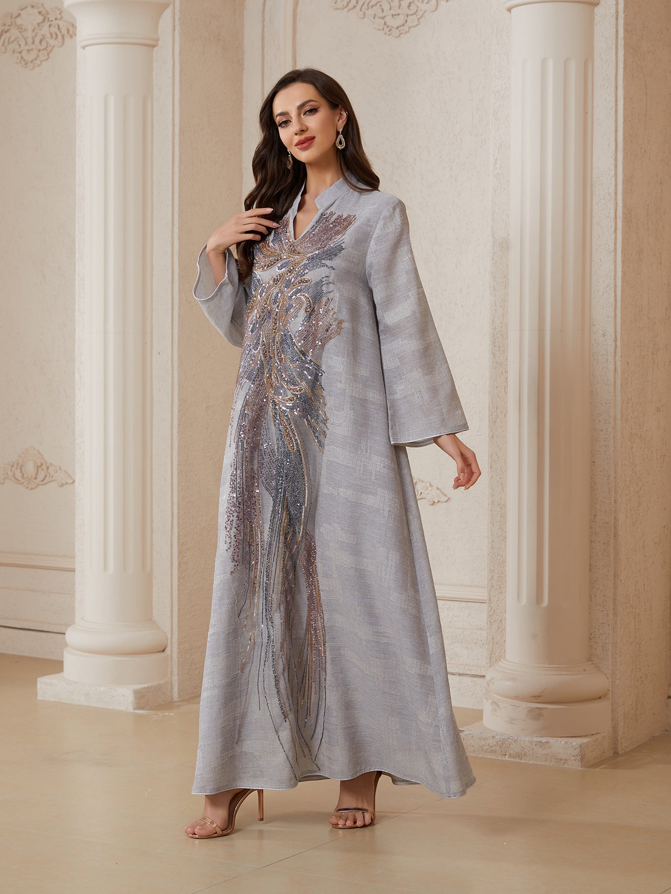 Long tulle embroidered sequinned abaya dress, featuring a unique design and exuding sophistication and elegance, perfect for parties and formal dinners