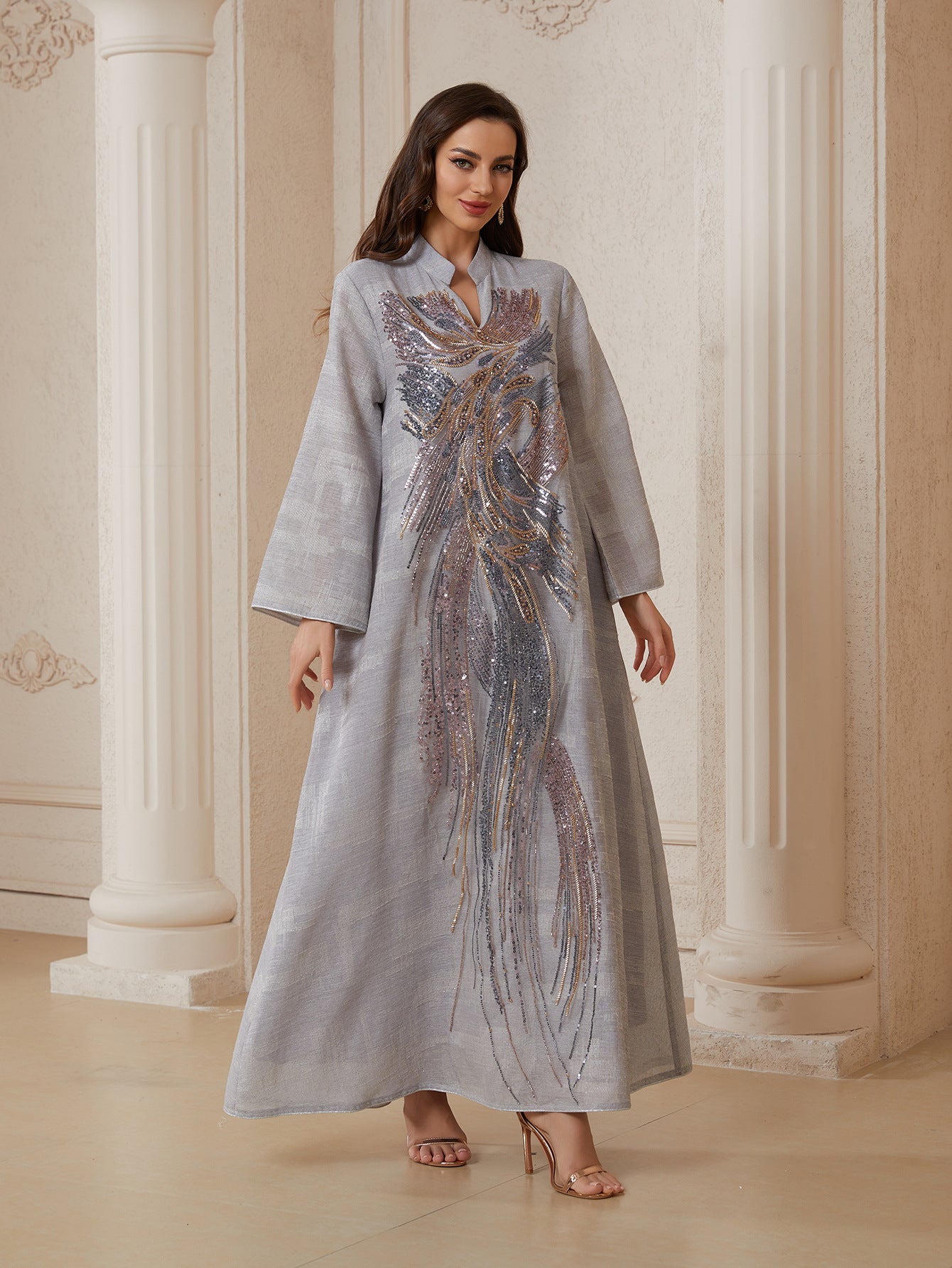 Long tulle embroidered sequinned abaya dress, featuring a unique design and exuding sophistication and elegance, perfect for parties and formal dinners