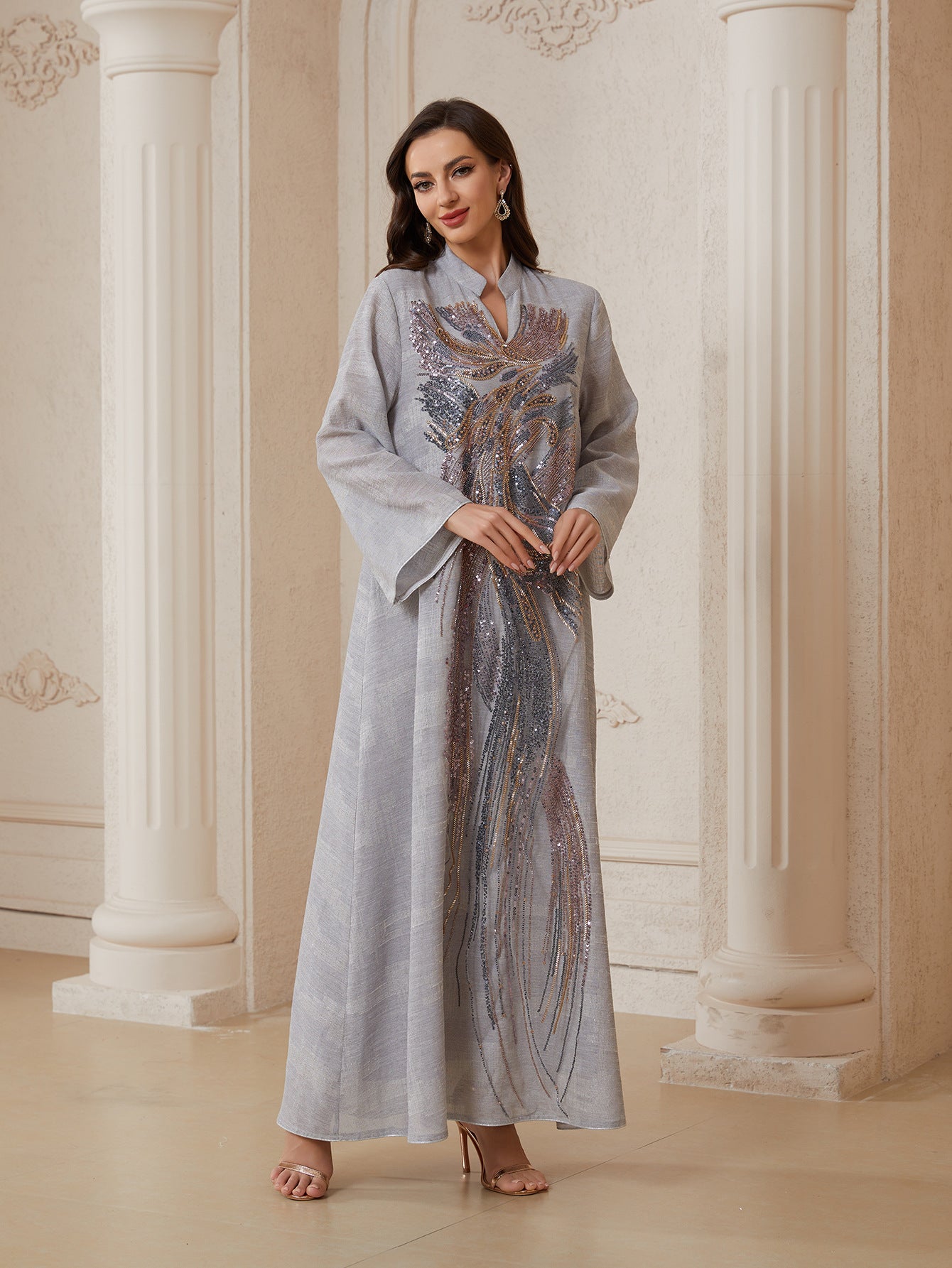 Long tulle embroidered sequinned abaya dress, featuring a unique design and exuding sophistication and elegance, perfect for parties and formal dinners
