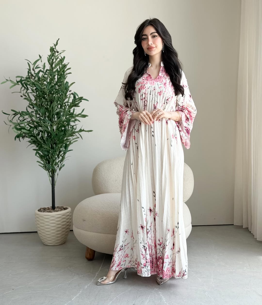 2026 Floral Print Stand Collar V Notch Pleated Smocking Front Beaded Pearl Accent Wide Flare Sleeve Loose Maxi Kaftan Abaya Jalabiya Modest Dress 2 Colors Pink Blue For Muslim Women Eid Ramadan Daily Casual