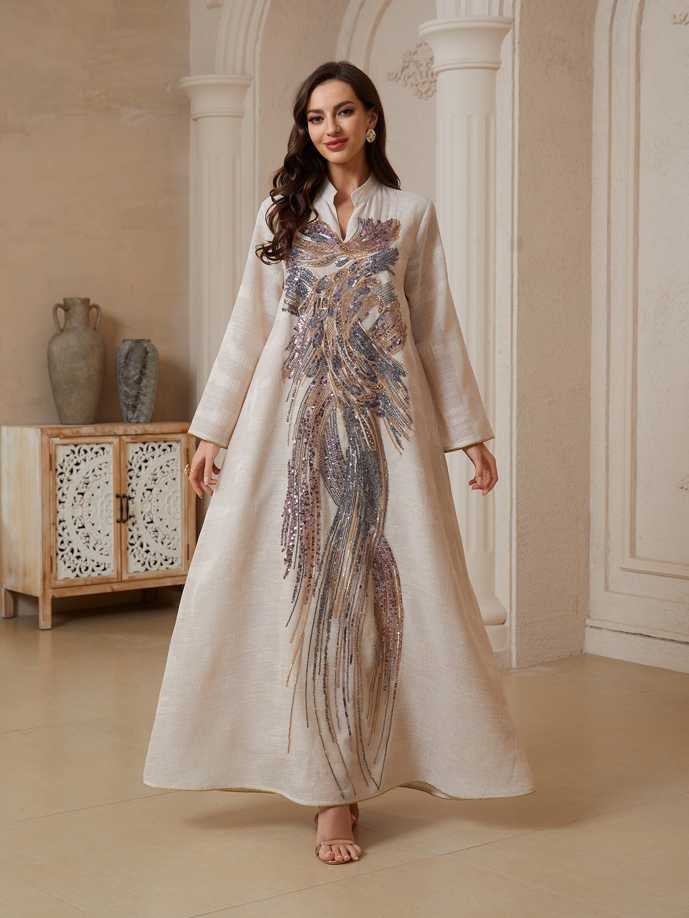 Long tulle embroidered sequinned abaya dress, featuring a unique design and exuding sophistication and elegance, perfect for parties and formal dinners