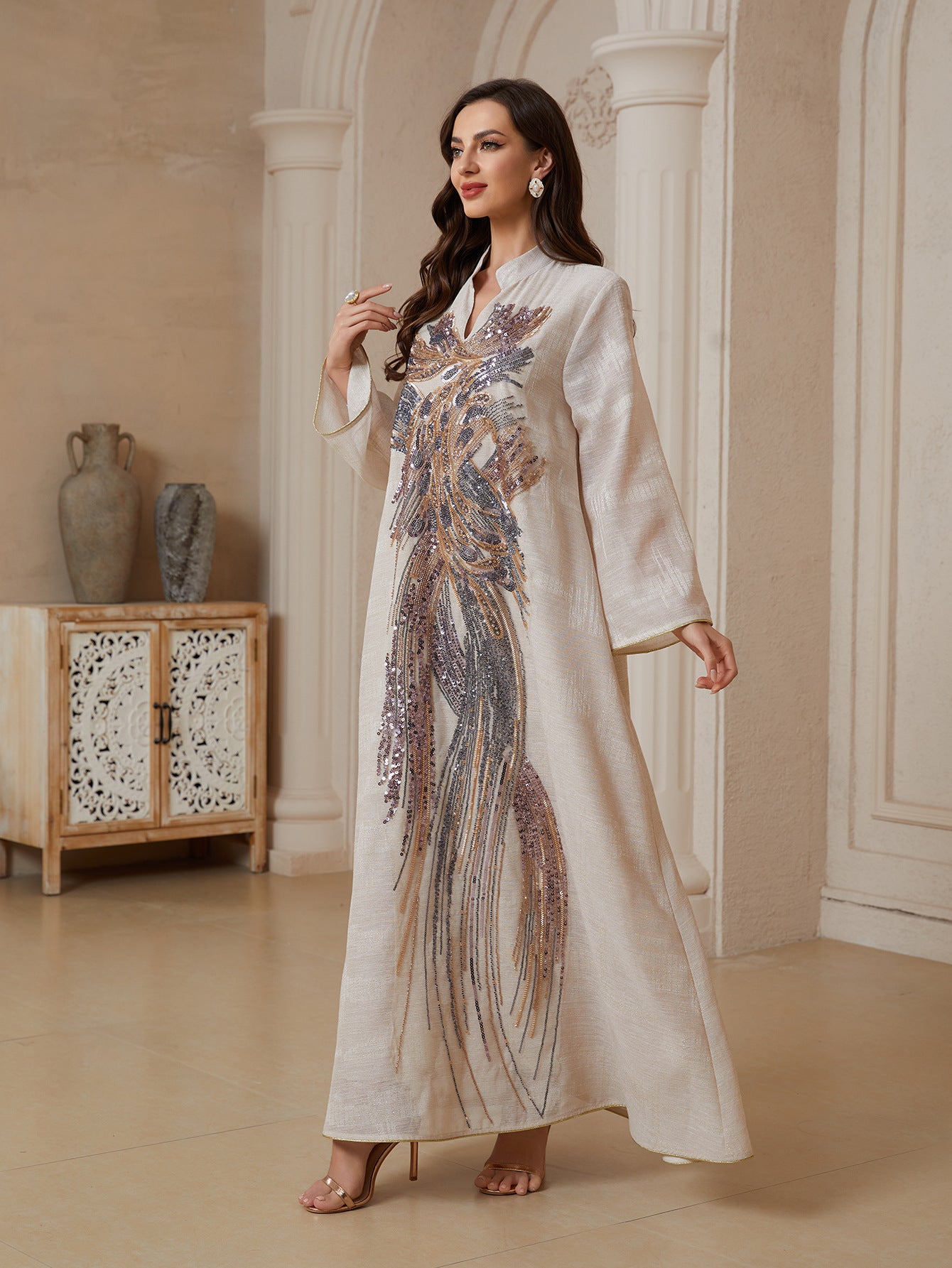 Long tulle embroidered sequinned abaya dress, featuring a unique design and exuding sophistication and elegance, perfect for parties and formal dinners