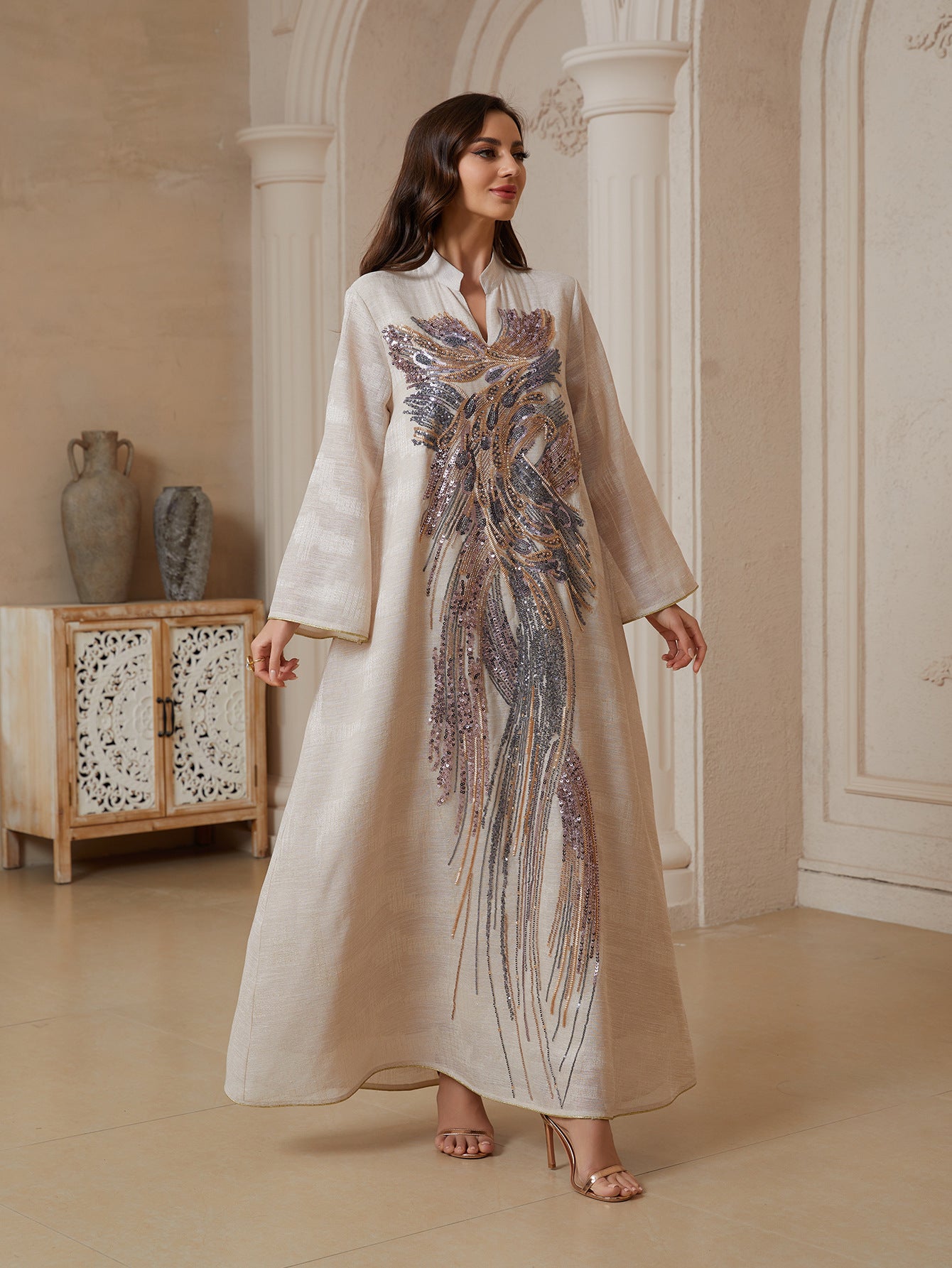 Long tulle embroidered sequinned abaya dress, featuring a unique design and exuding sophistication and elegance, perfect for parties and formal dinners