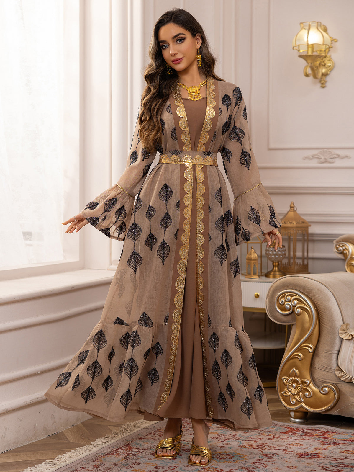 2-Piece Embroidered Mesh Open Front Abaya Cardigan with Inner Slip Dress Set for Muslim Women Elegant Khaki Long Robe