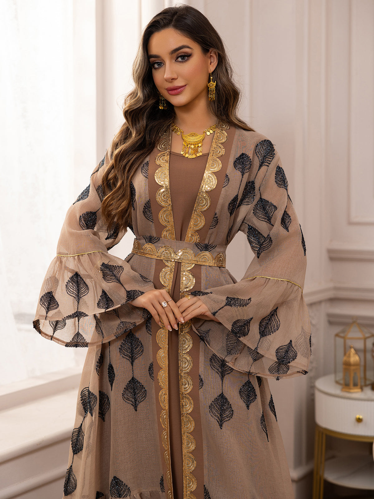 2-Piece Embroidered Mesh Open Front Abaya Cardigan with Inner Slip Dress Set for Muslim Women Elegant Khaki Long Robe