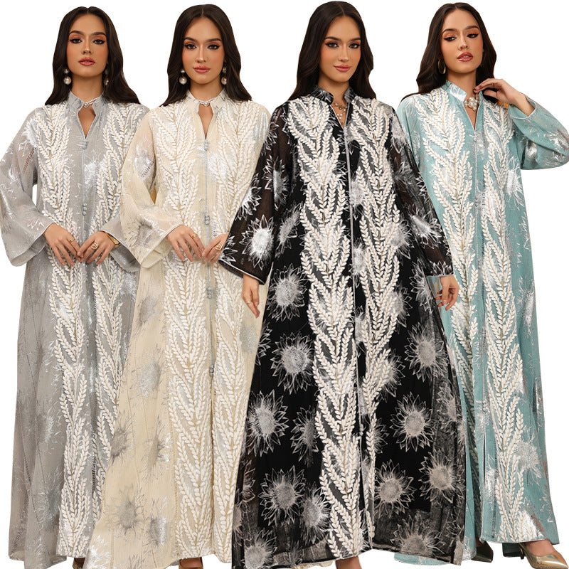 Silver Stamped Mesh Embroidered Maxi Abaya Dress for Muslim Women Elegant Pullover Kaftan Robe Eid Ramadan Festive Gown