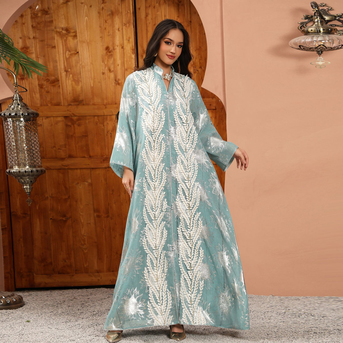 Silver Stamped Mesh Embroidered Maxi Abaya Dress for Muslim Women Elegant Pullover Kaftan Robe Eid Ramadan Festive Gown