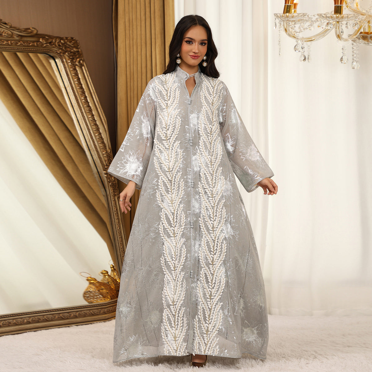 Silver Stamped Mesh Embroidered Maxi Abaya Dress for Muslim Women Elegant Pullover Kaftan Robe Eid Ramadan Festive Gown