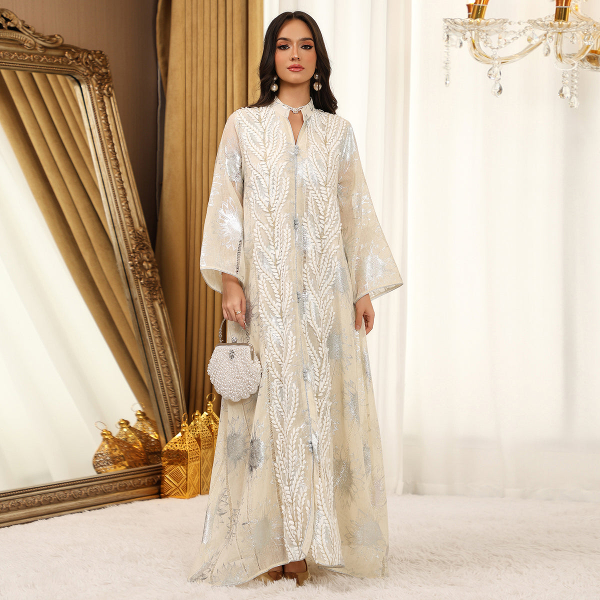 Silver Stamped Mesh Embroidered Maxi Abaya Dress for Muslim Women Elegant Pullover Kaftan Robe Eid Ramadan Festive Gown