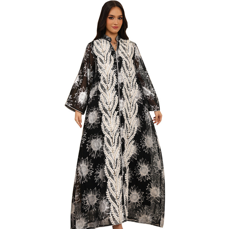 Silver Stamped Mesh Embroidered Maxi Abaya Dress for Muslim Women Elegant Pullover Kaftan Robe Eid Ramadan Festive Gown