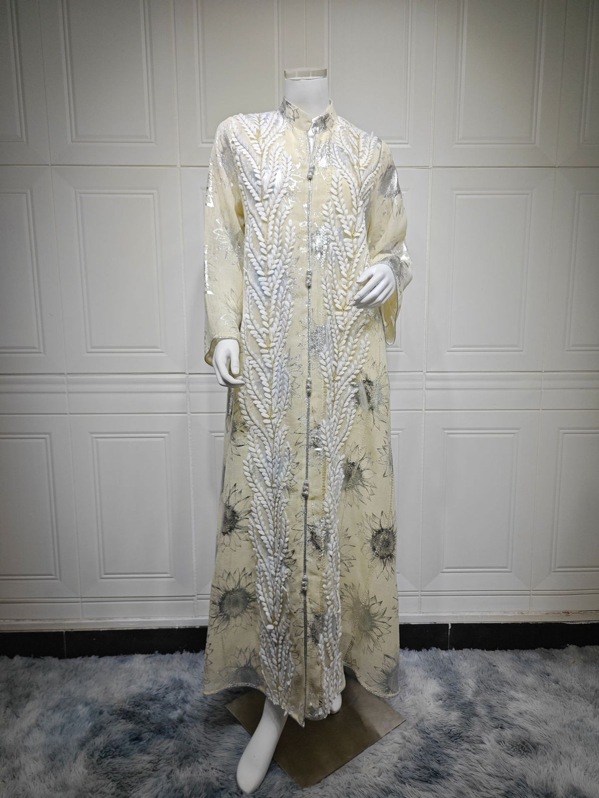 Silver Stamped Mesh Embroidered Maxi Abaya Dress for Muslim Women Elegant Pullover Kaftan Robe Eid Ramadan Festive Gown