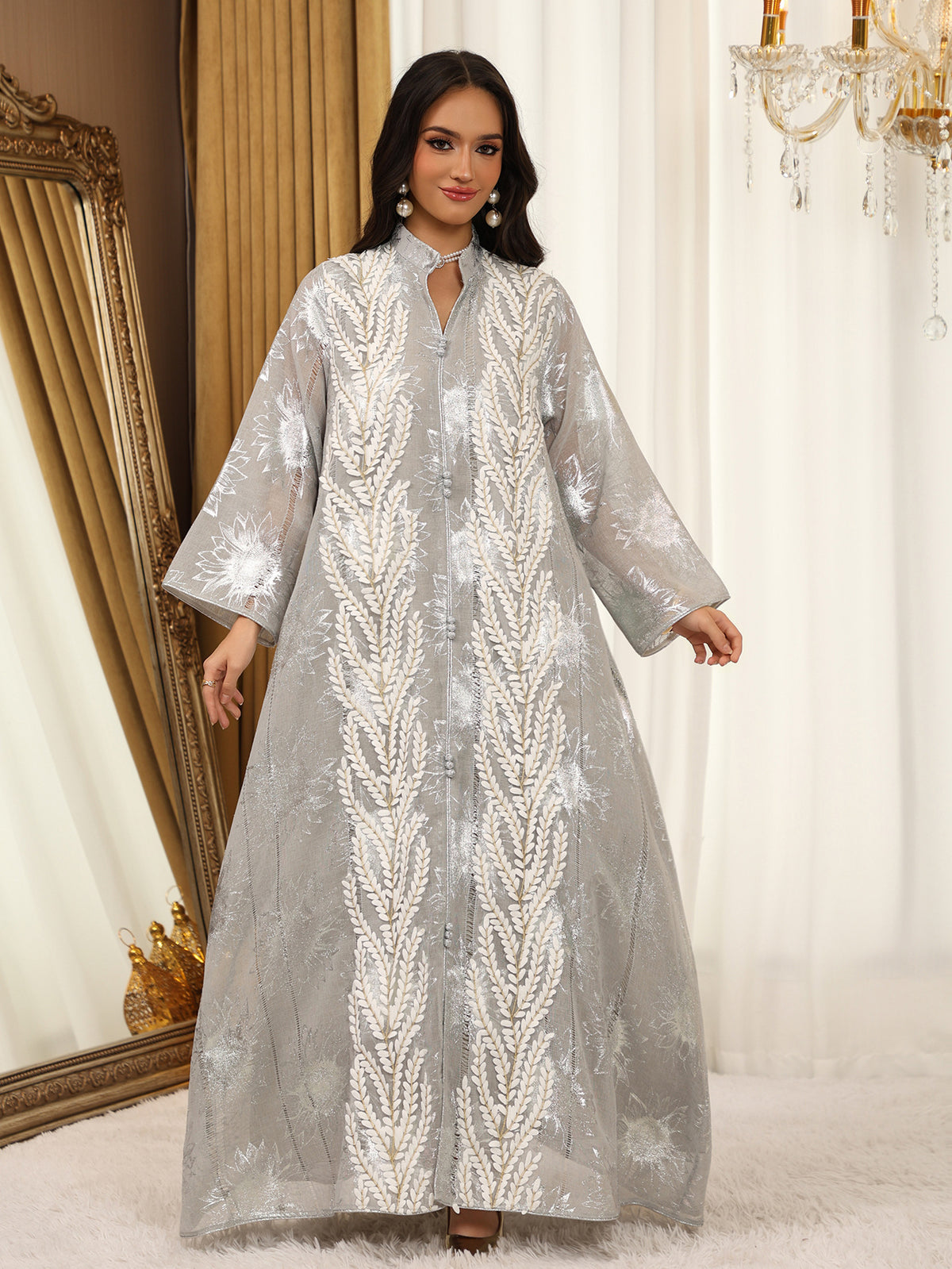 Silver Stamped Mesh Embroidered Maxi Abaya Dress for Muslim Women Elegant Pullover Kaftan Robe Eid Ramadan Festive Gown