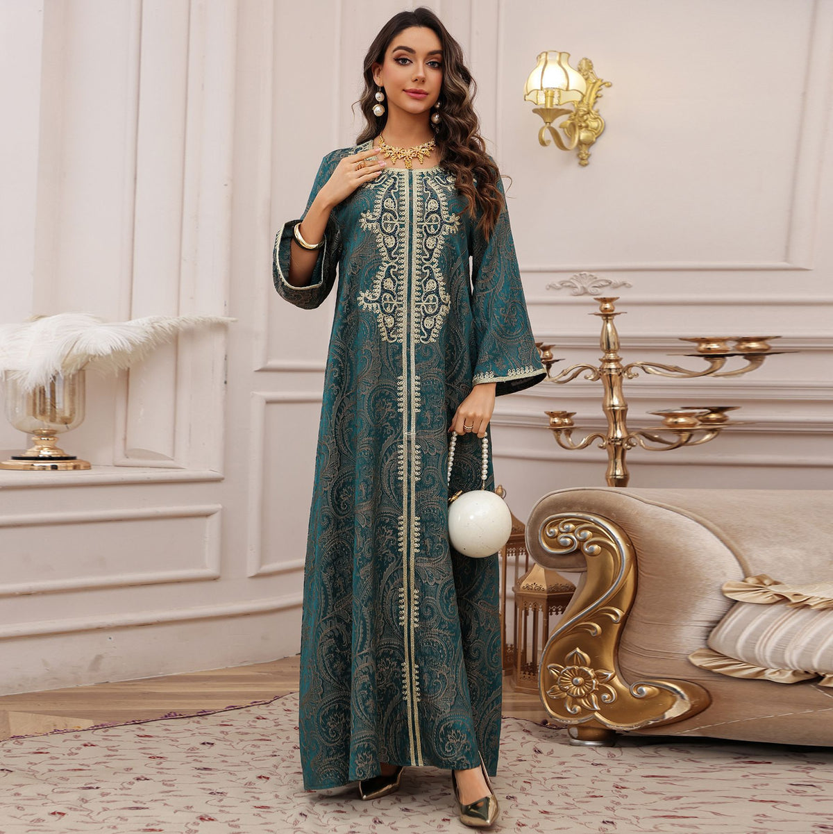 Luxury Jacquard Embroidered Beaded Kaftan Maxi Dress for Muslim Women Elegant Evening Gown Eid Ramadan Banquet Party Wear