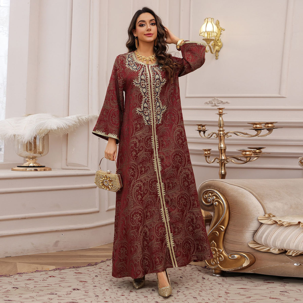 Luxury Jacquard Embroidered Beaded Kaftan Maxi Dress for Muslim Women Elegant Evening Gown Eid Ramadan Banquet Party Wear