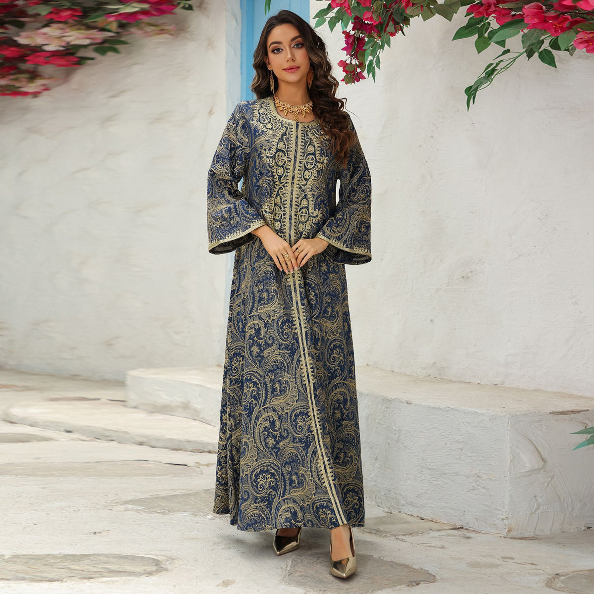 Luxury Jacquard Embroidered Beaded Kaftan Maxi Dress for Muslim Women Elegant Evening Gown Eid Ramadan Banquet Party Wear