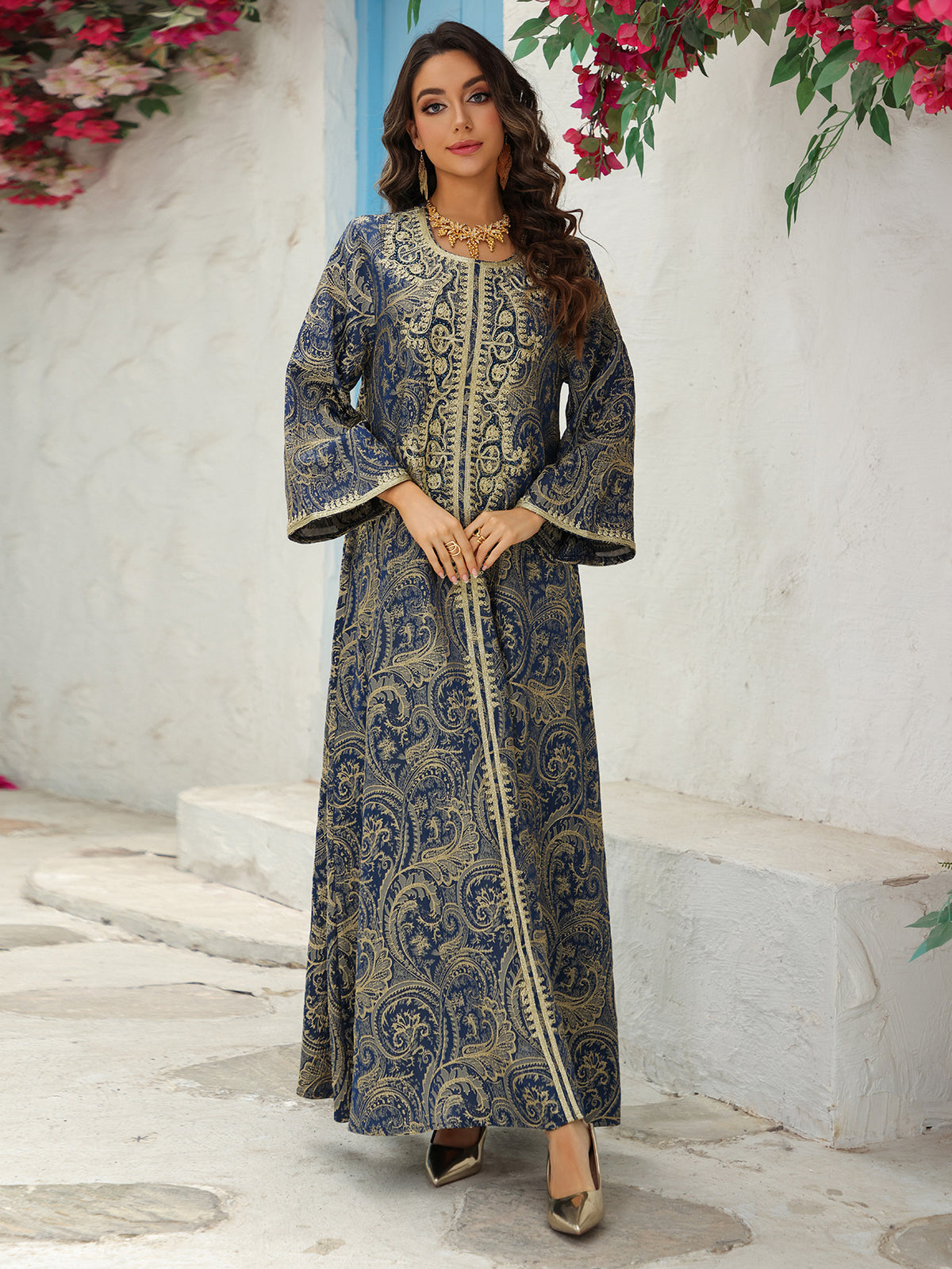 Luxury Jacquard Embroidered Beaded Kaftan Maxi Dress for Muslim Women Elegant Evening Gown Eid Ramadan Banquet Party Wear