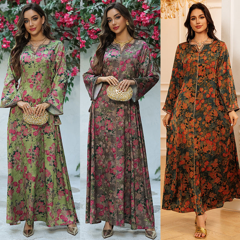 Rhinestone Embellished Floral Print Maxi Kaftan Dress for Muslim Women Soft Breathable Pullover Robe Loungewear Gown