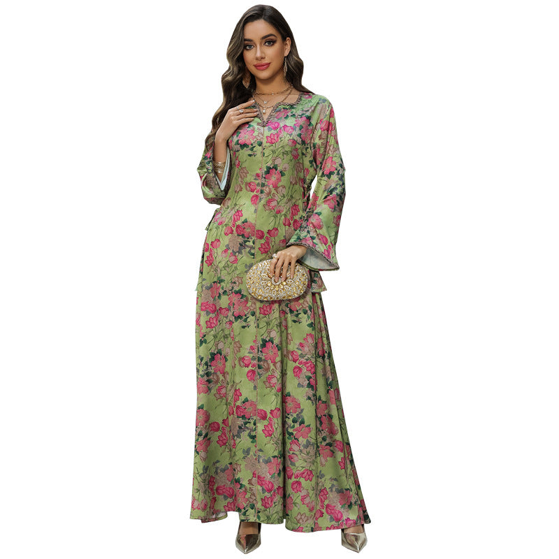 Rhinestone Embellished Floral Print Maxi Kaftan Dress for Muslim Women Soft Breathable Pullover Robe Loungewear Gown
