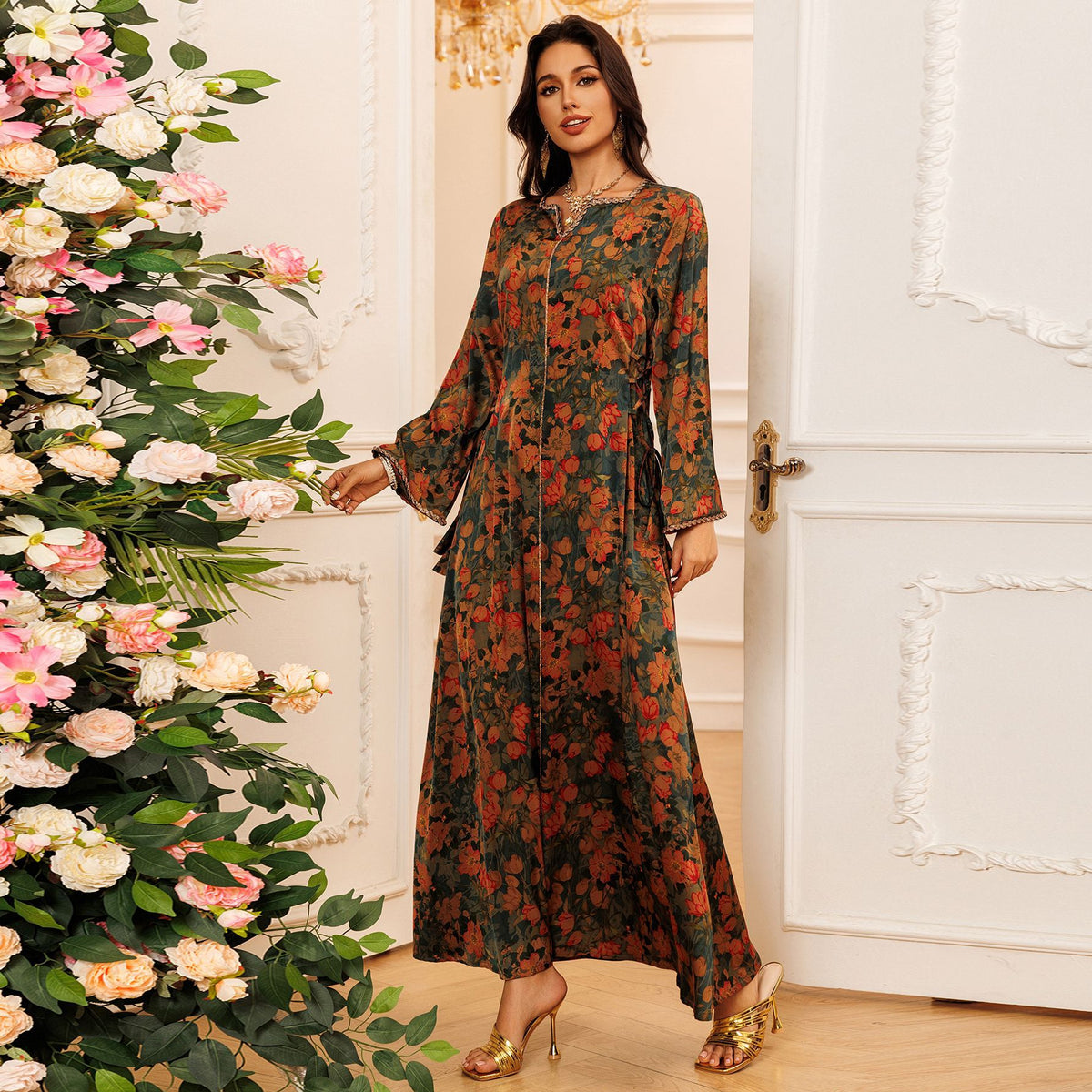 Rhinestone Embellished Floral Print Maxi Kaftan Dress for Muslim Women Soft Breathable Pullover Robe Loungewear Gown