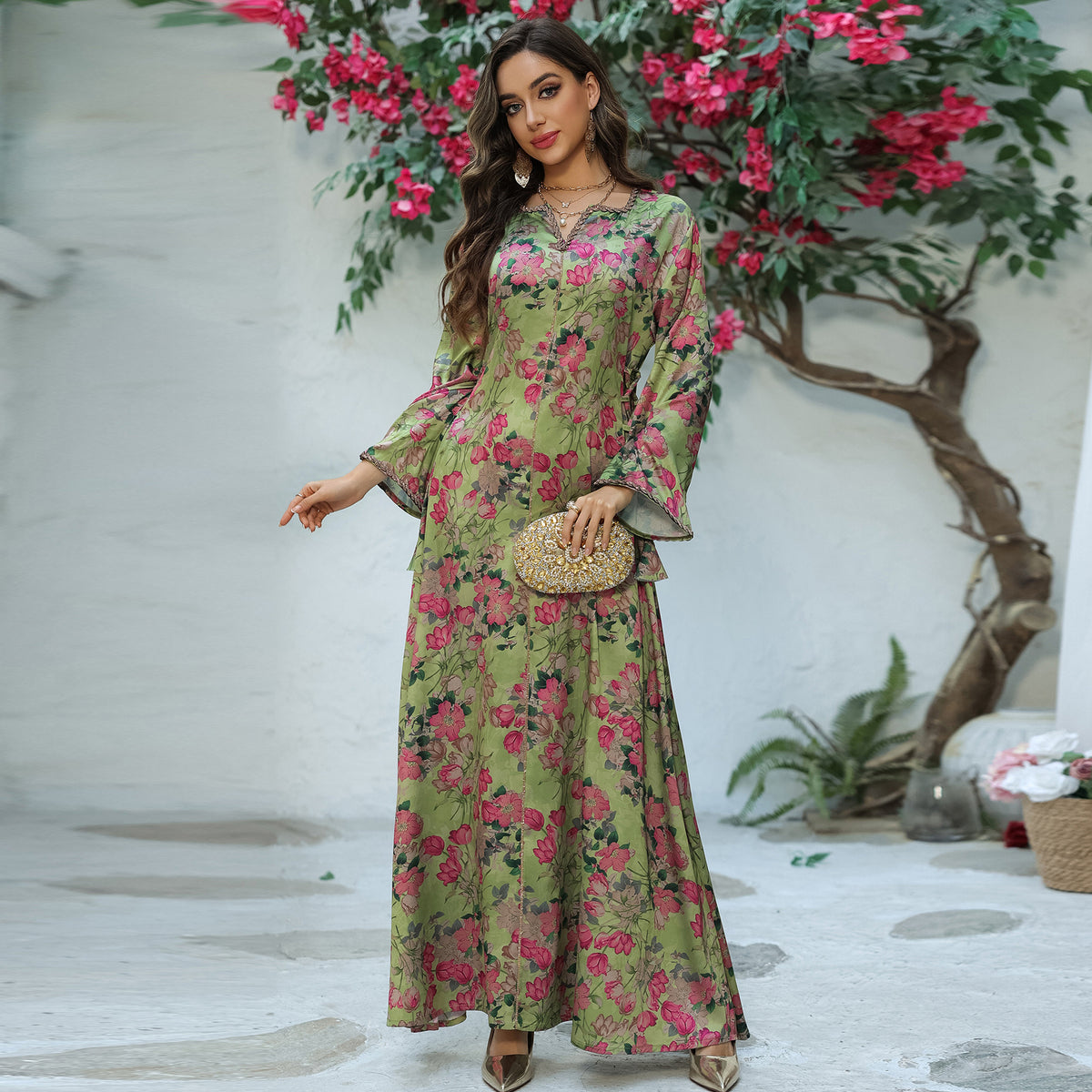 Rhinestone Embellished Floral Print Maxi Kaftan Dress for Muslim Women Soft Breathable Pullover Robe Loungewear Gown