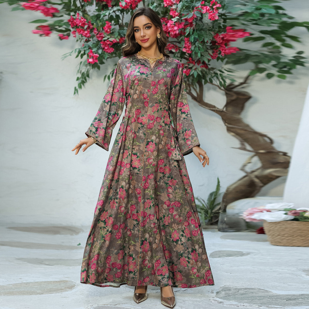 Rhinestone Embellished Floral Print Maxi Kaftan Dress for Muslim Women Soft Breathable Pullover Robe Loungewear Gown