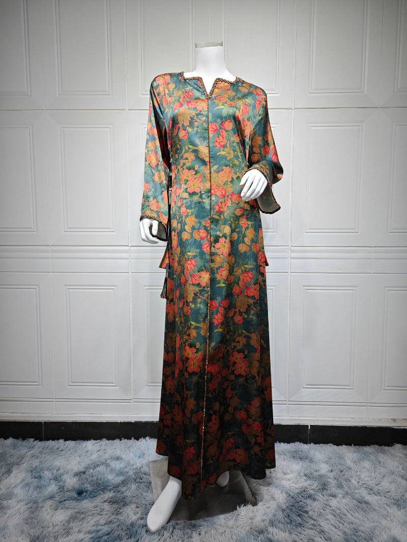 Rhinestone Embellished Floral Print Maxi Kaftan Dress for Muslim Women Soft Breathable Pullover Robe Loungewear Gown
