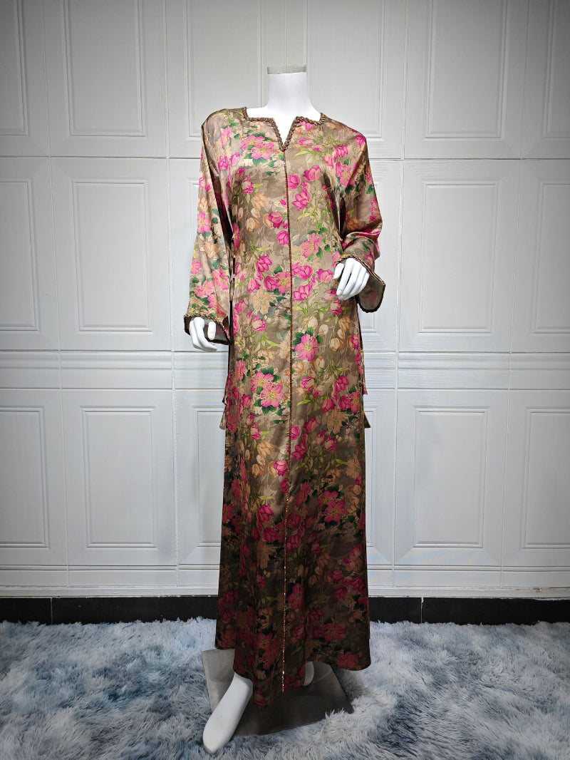 Rhinestone Embellished Floral Print Maxi Kaftan Dress for Muslim Women Soft Breathable Pullover Robe Loungewear Gown