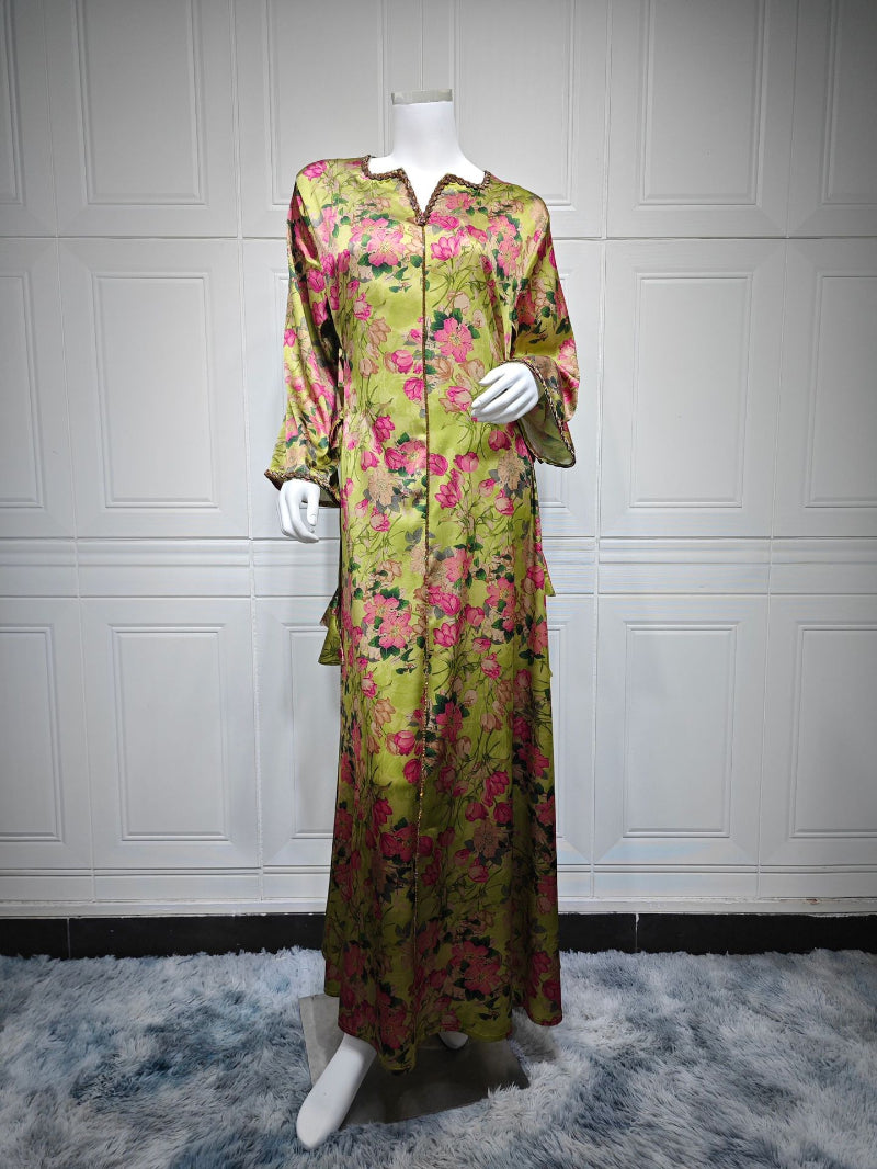 Rhinestone Embellished Floral Print Maxi Kaftan Dress for Muslim Women Soft Breathable Pullover Robe Loungewear Gown