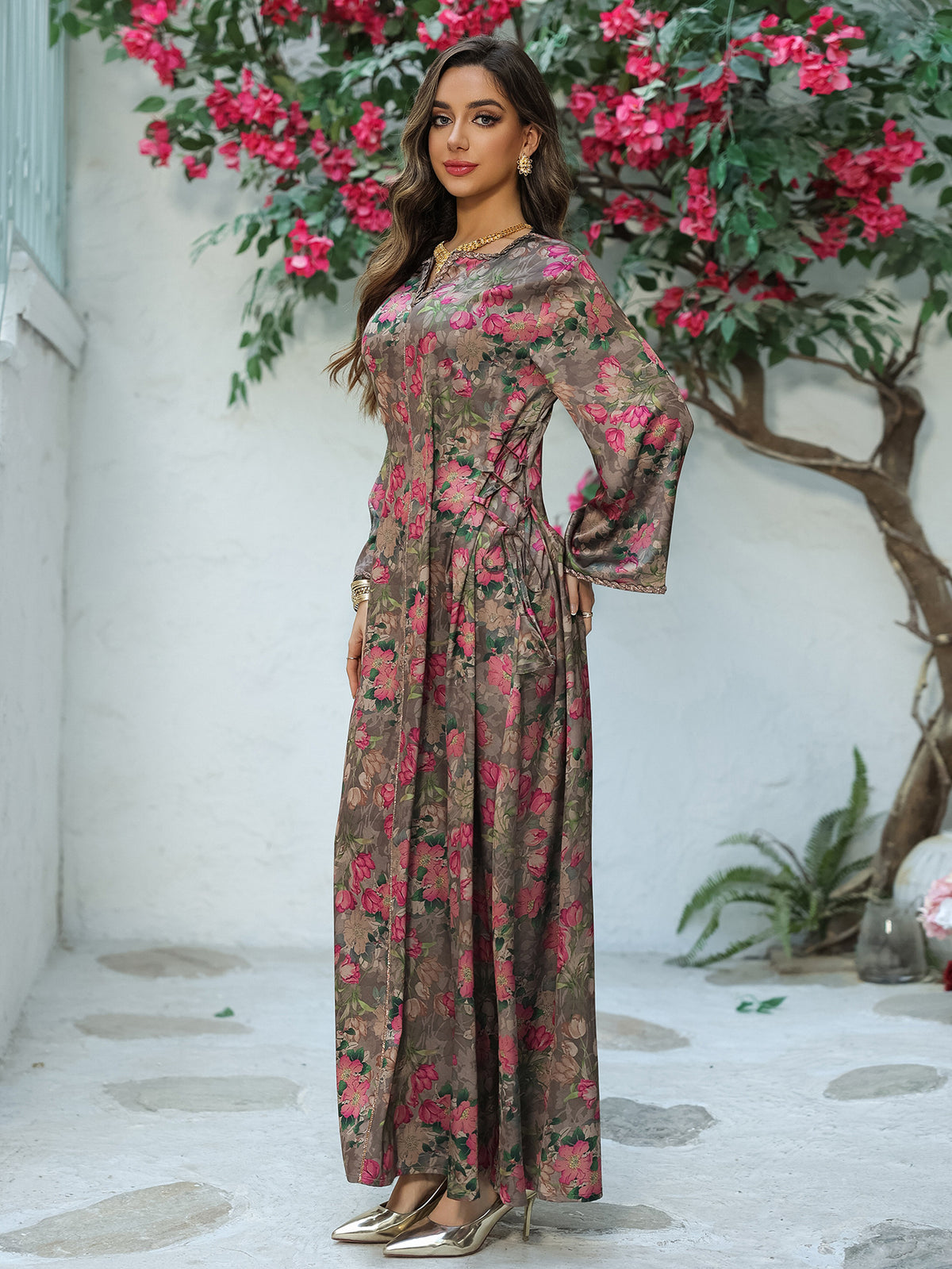 Rhinestone Embellished Floral Print Maxi Kaftan Dress for Muslim Women Soft Breathable Pullover Robe Loungewear Gown