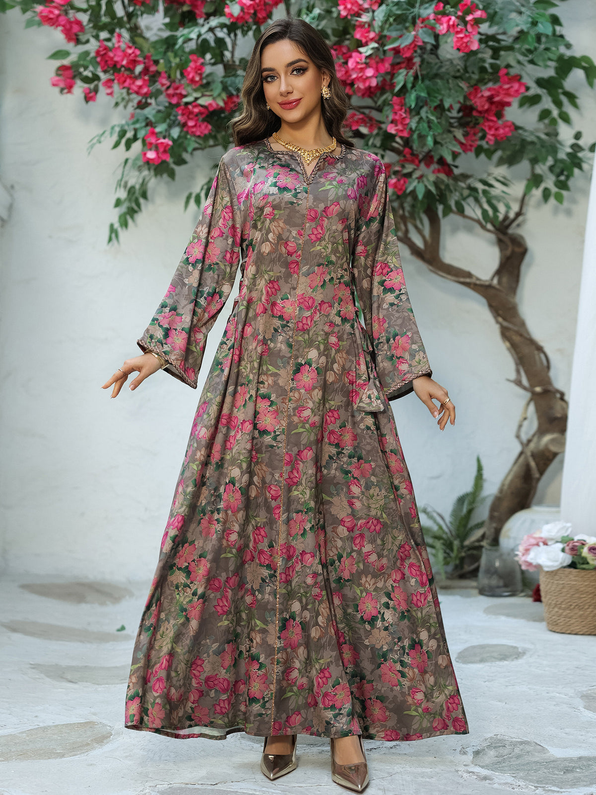 Rhinestone Embellished Floral Print Maxi Kaftan Dress for Muslim Women Soft Breathable Pullover Robe Loungewear Gown