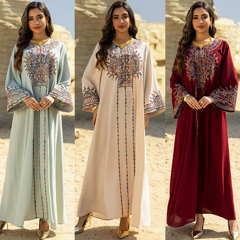 Dubai Embroidered Neckline Maxi Abaya Gown for Muslim Women Modest Arabic Long Dress Eid Ramadan Festive Celebration