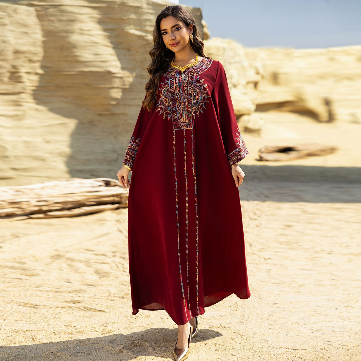Dubai Embroidered Neckline Maxi Abaya Gown for Muslim Women Modest Arabic Long Dress Eid Ramadan Festive Celebration