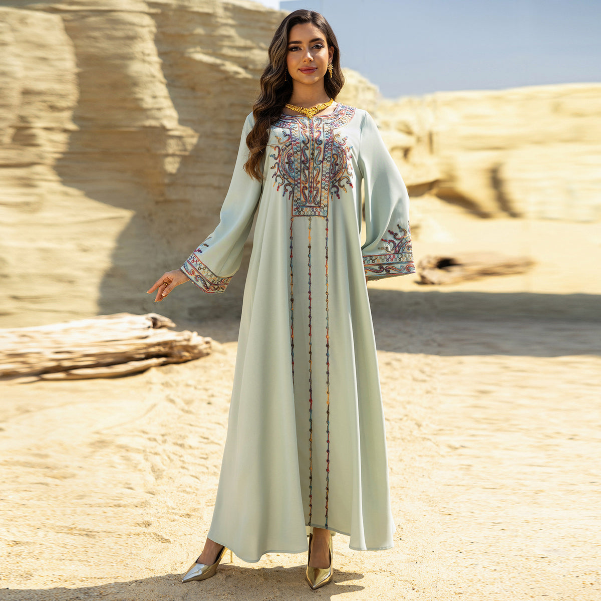 Dubai Embroidered Neckline Maxi Abaya Gown for Muslim Women Modest Arabic Long Dress Eid Ramadan Festive Celebration