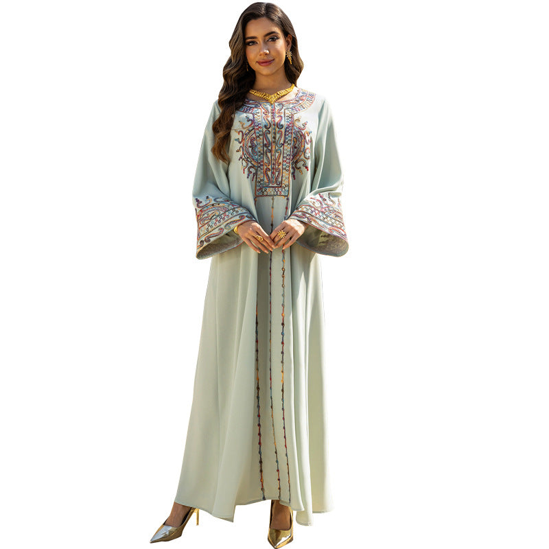 Dubai Embroidered Neckline Maxi Abaya Gown for Muslim Women Modest Arabic Long Dress Eid Ramadan Festive Celebration