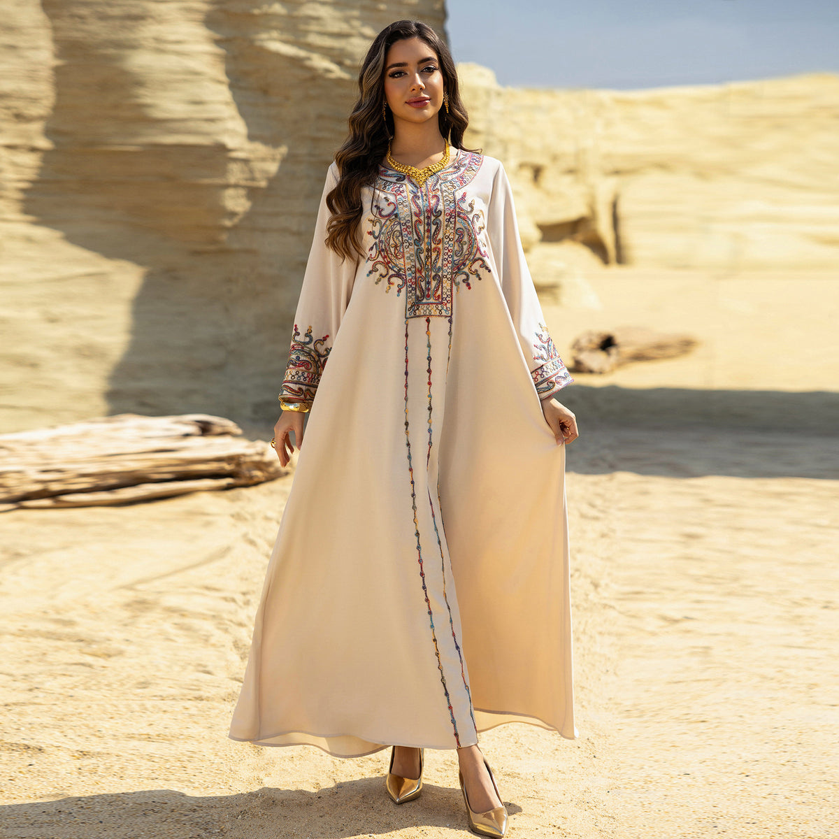 Dubai Embroidered Neckline Maxi Abaya Gown for Muslim Women Modest Arabic Long Dress Eid Ramadan Festive Celebration