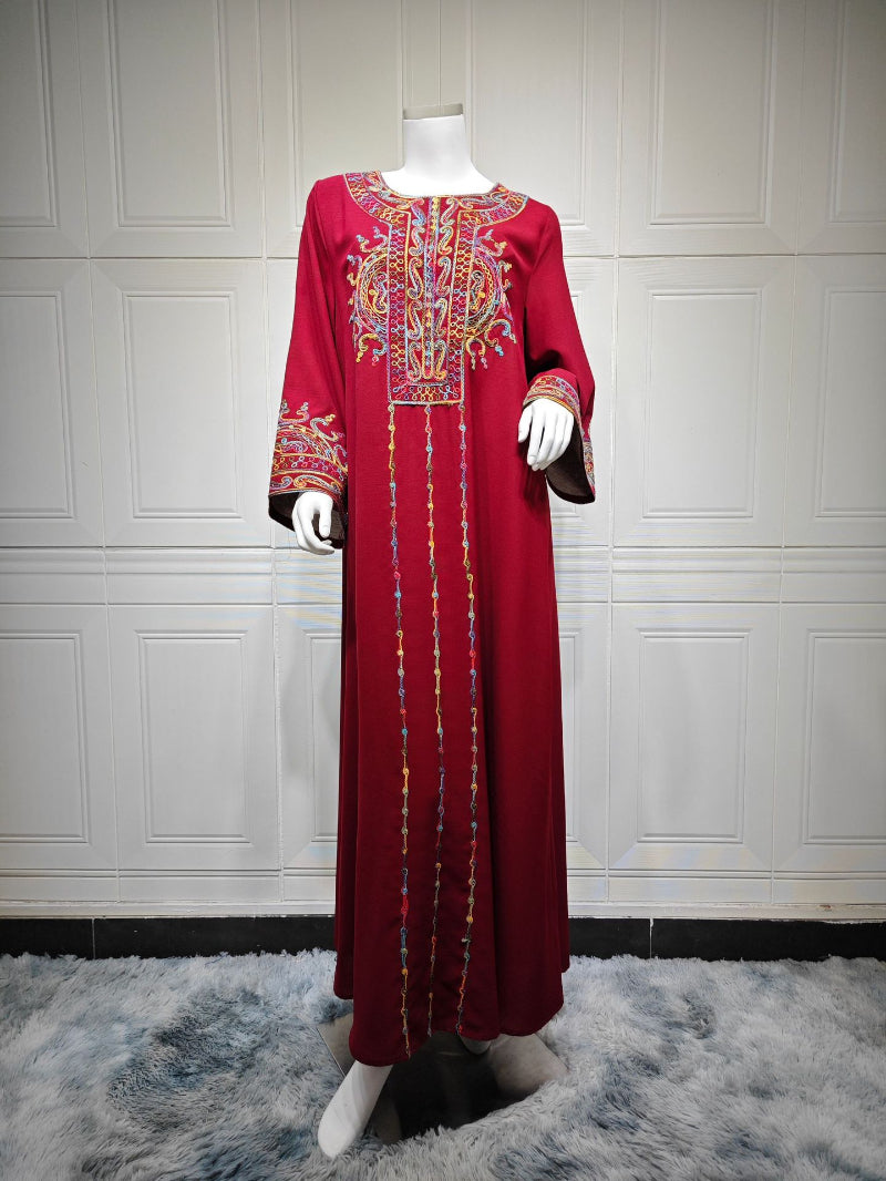 Dubai Embroidered Neckline Maxi Abaya Gown for Muslim Women Modest Arabic Long Dress Eid Ramadan Festive Celebration