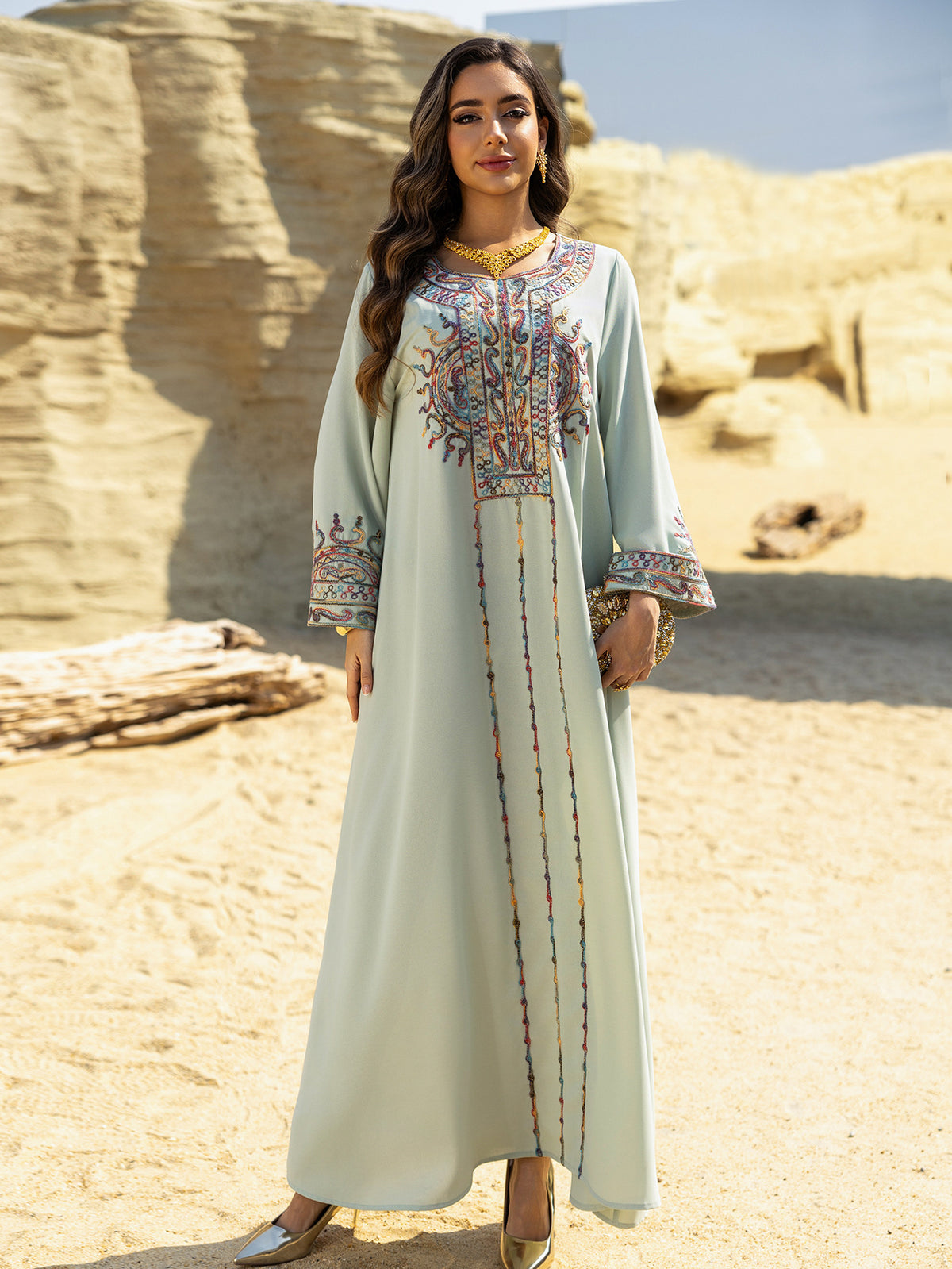 Dubai Embroidered Neckline Maxi Abaya Gown for Muslim Women Modest Arabic Long Dress Eid Ramadan Festive Celebration