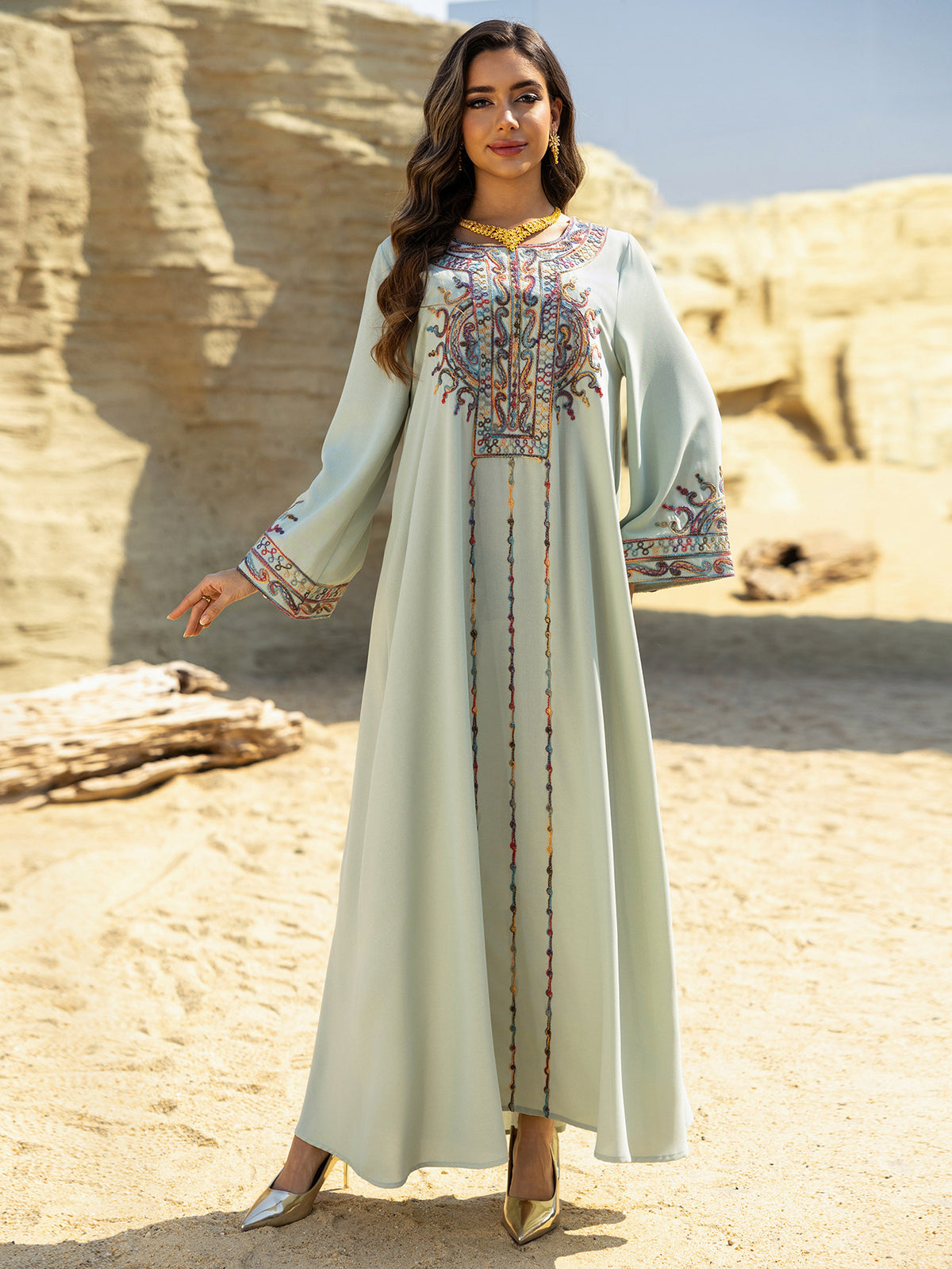 Dubai Embroidered Neckline Maxi Abaya Gown for Muslim Women Modest Arabic Long Dress Eid Ramadan Festive Celebration