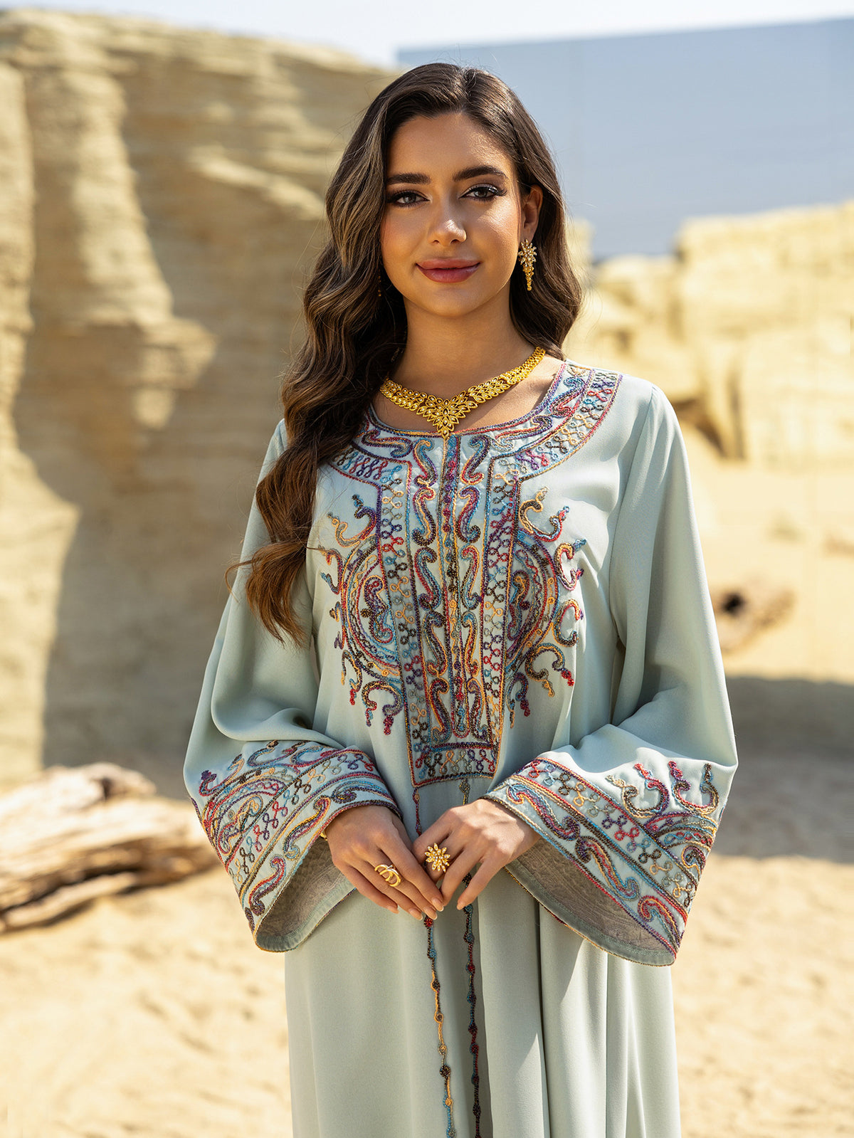 Dubai Embroidered Neckline Maxi Abaya Gown for Muslim Women Modest Arabic Long Dress Eid Ramadan Festive Celebration