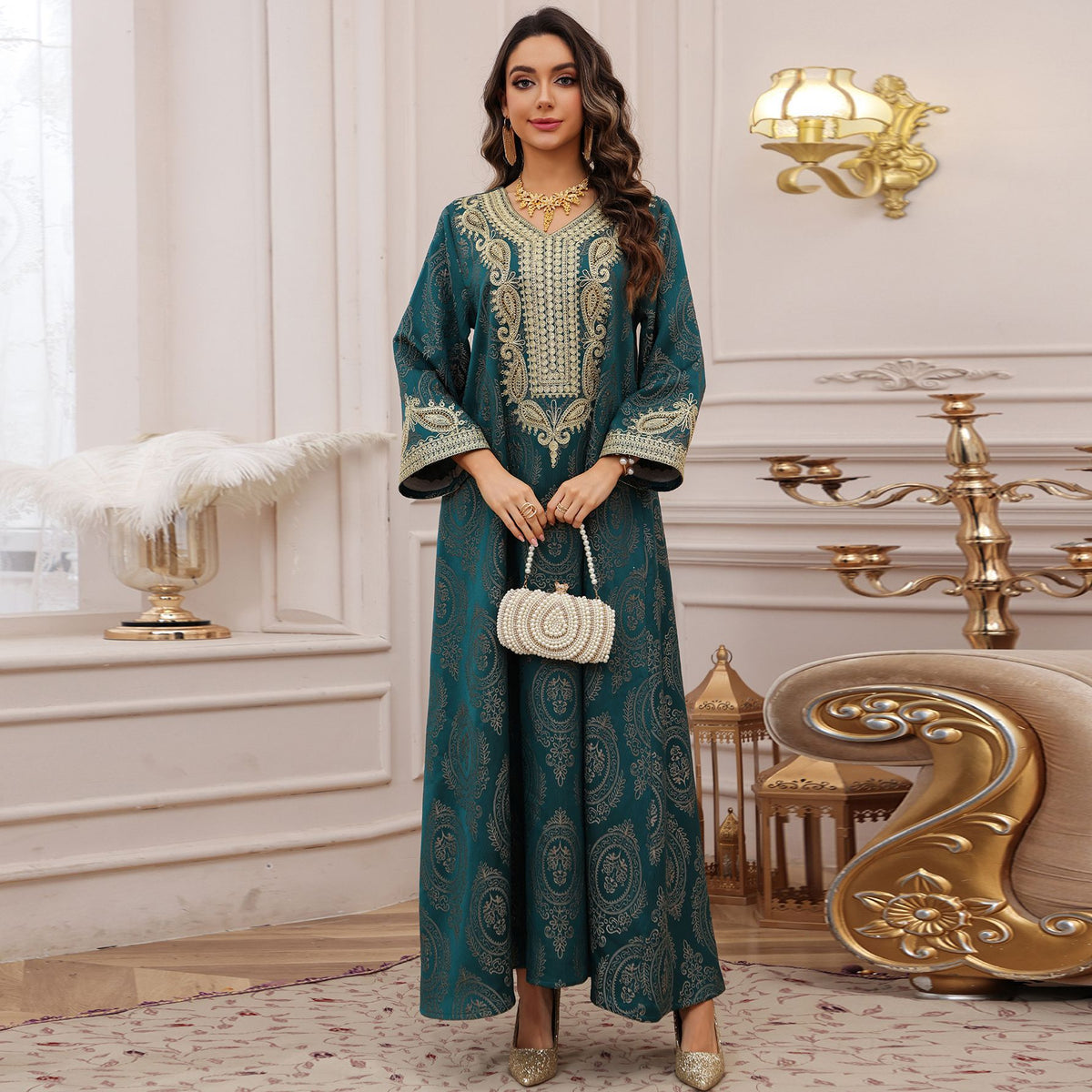 Textured Jacquard Embroidered Kaftan Maxi Dress for Muslim Women Dubai Saudi Modest Luxury Evening Gown Banquet Wear