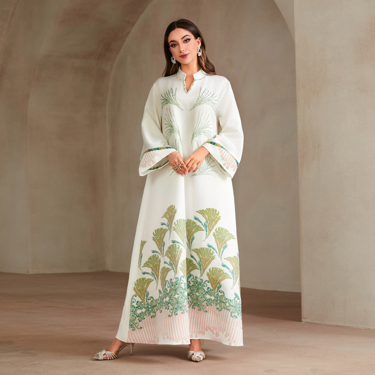 Jacquard Sequin Floral Applique Maxi Abaya Dress for Muslim Women Modest Traditional Ethnic Gown Eid Ramadan Party