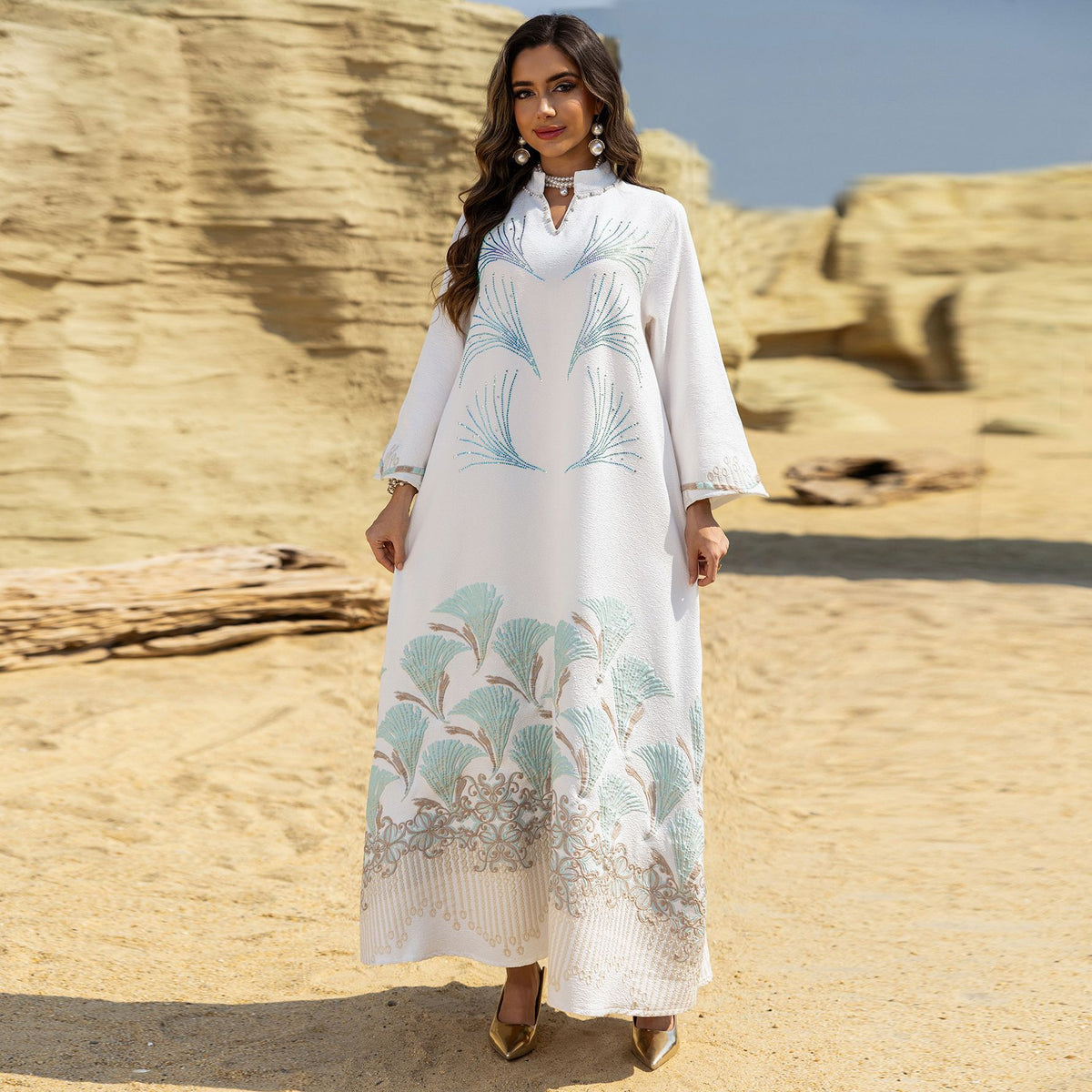 Jacquard Sequin Floral Applique Maxi Abaya Dress for Muslim Women Modest Traditional Ethnic Gown Eid Ramadan Party