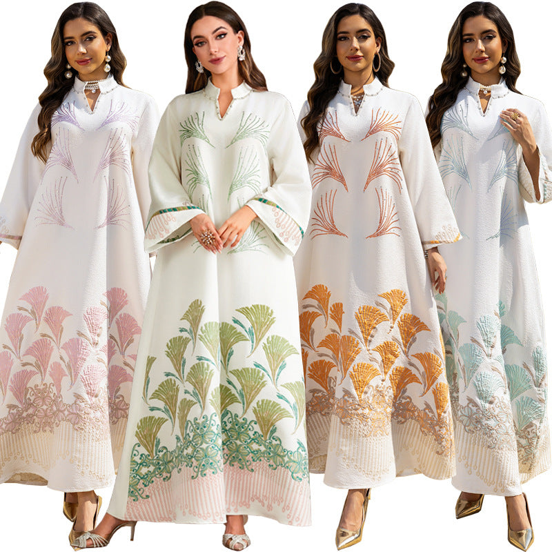 Jacquard Sequin Floral Applique Maxi Abaya Dress for Muslim Women Modest Traditional Ethnic Gown Eid Ramadan Party