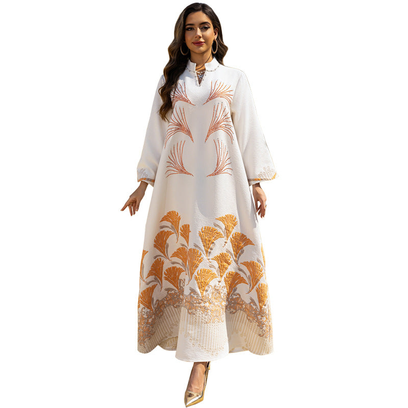 Jacquard Sequin Floral Applique Maxi Abaya Dress for Muslim Women Modest Traditional Ethnic Gown Eid Ramadan Party