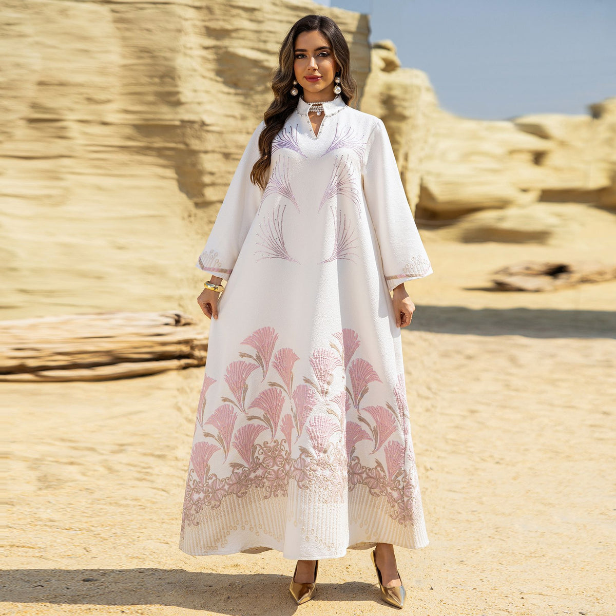 Jacquard Sequin Floral Applique Maxi Abaya Dress for Muslim Women Modest Traditional Ethnic Gown Eid Ramadan Party