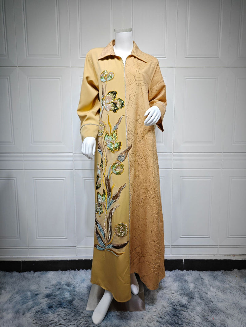 Jacquard Sequin Floral Applique Maxi Abaya Dress for Muslim Women Modest Traditional Ethnic Gown Eid Ramadan Party