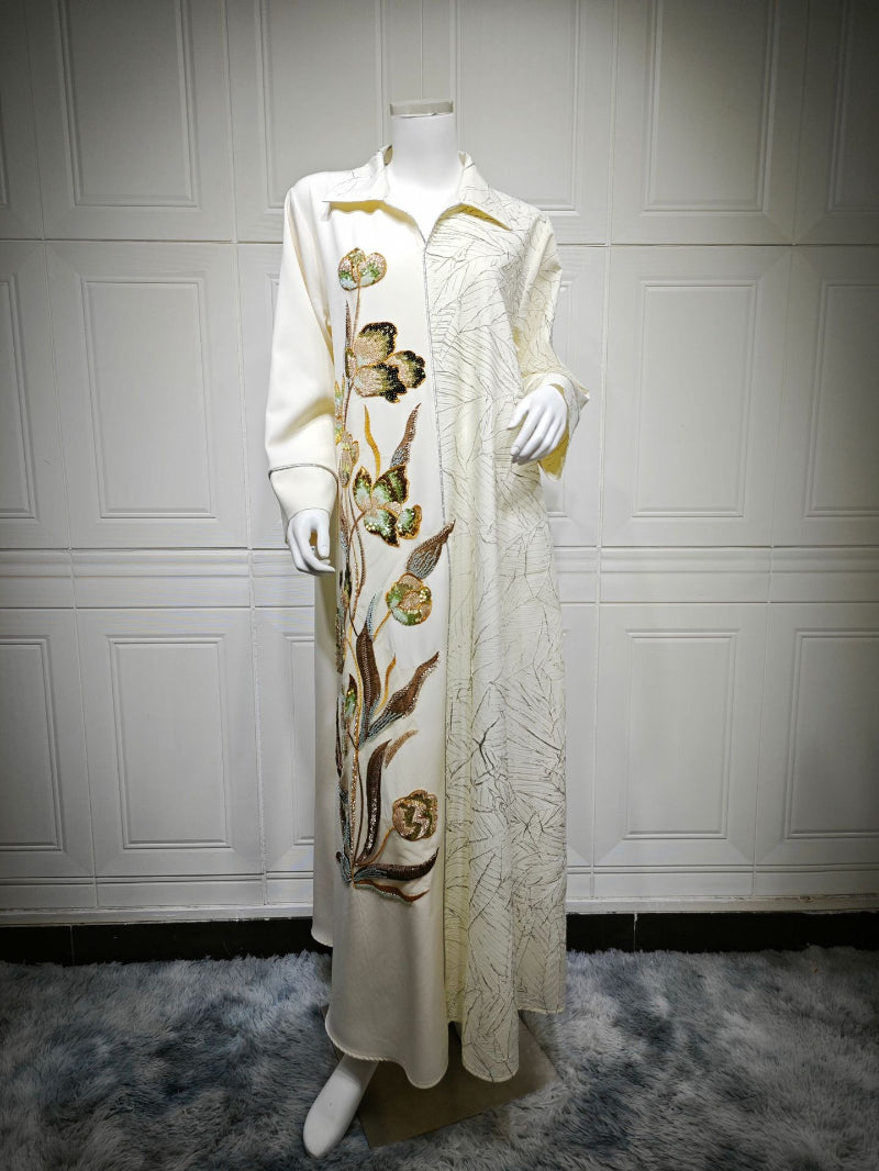 Jacquard Sequin Floral Applique Maxi Abaya Dress for Muslim Women Modest Traditional Ethnic Gown Eid Ramadan Party