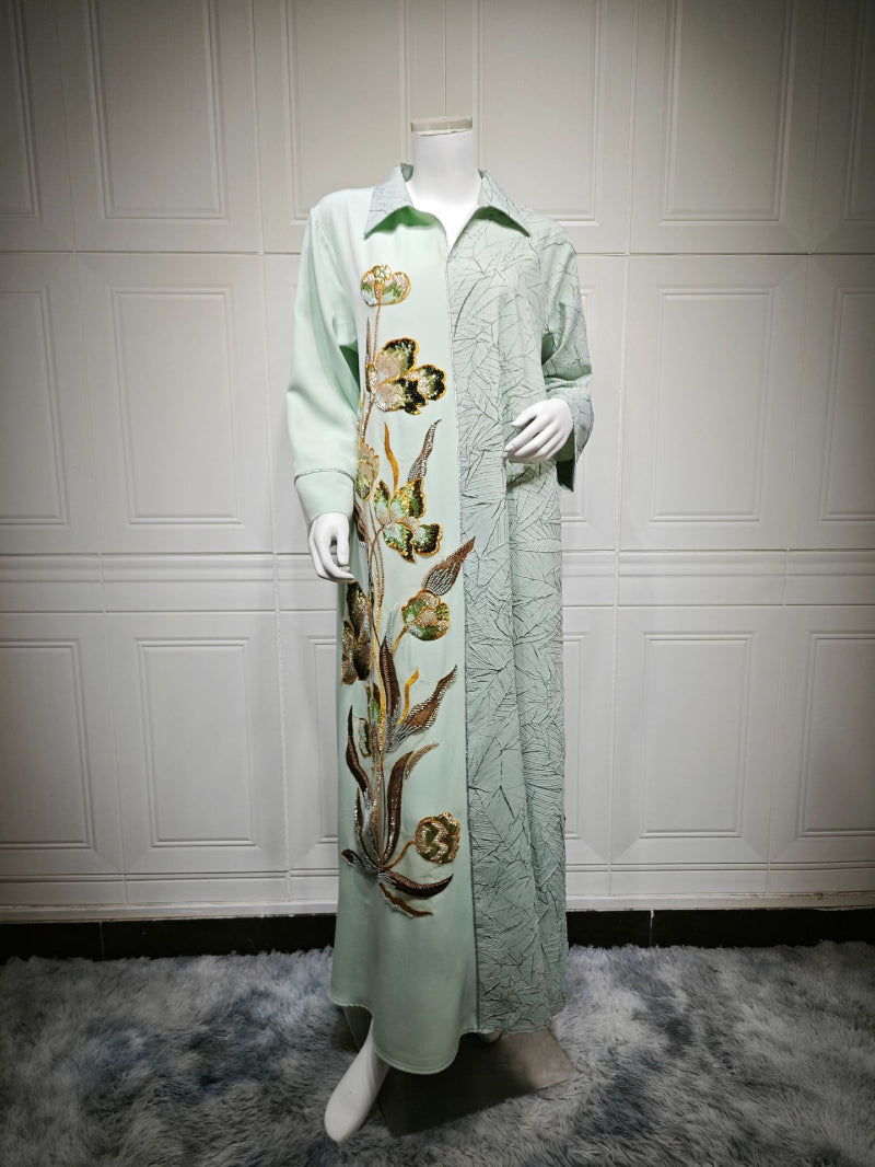 Jacquard Sequin Floral Applique Maxi Abaya Dress for Muslim Women Modest Traditional Ethnic Gown Eid Ramadan Party